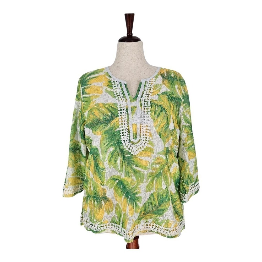 Alfred Dunner Top Women‎ PXL Green Tropical Palm Leaf Crochet Trim Petite